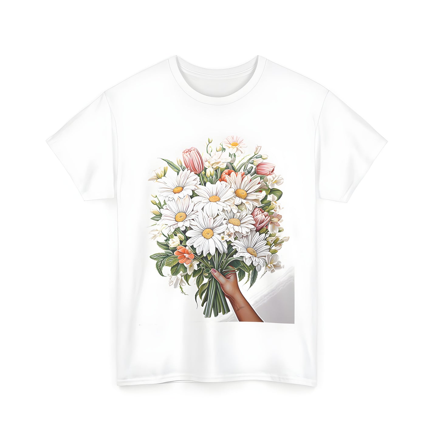 Colorful daisies and tulips bouquet on unisex t-shirt