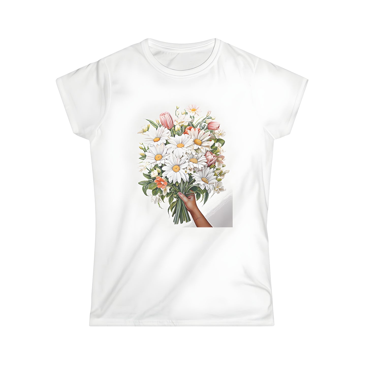 Women's colorful t-shirt featuring a vibrant bouquet of daisies and tulips on a white background