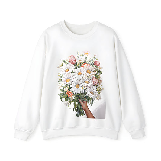 Adult sweatshirt with colorful daisies and tulips bouquet print on a plain white background.