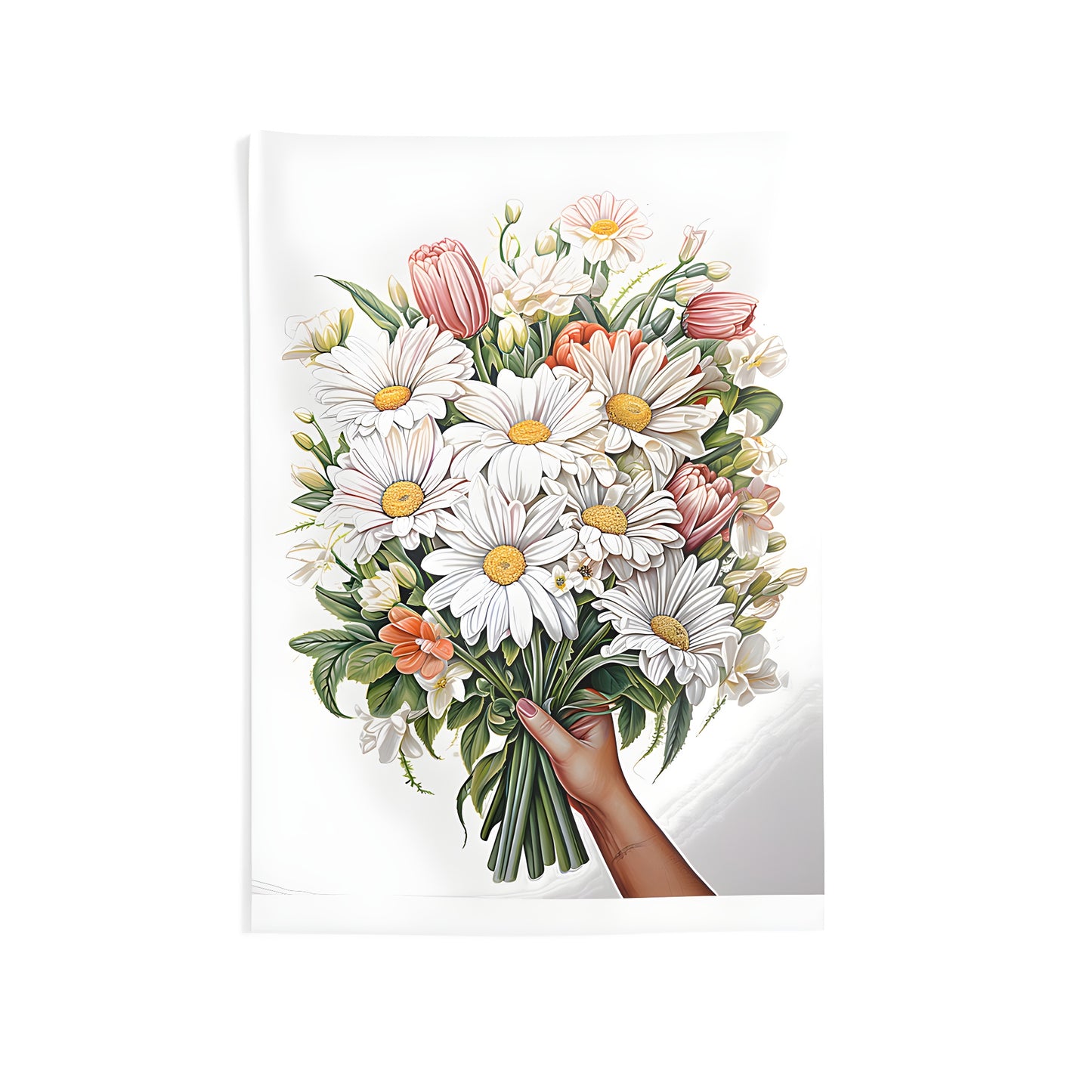 Colorful indoor wall tapestry of daisies and tulips bouquet arrangement art decor for home