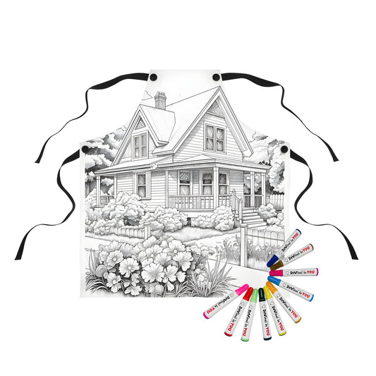 Colorful apron featuring a whimsical drawing of a charming cottage house surrounded by garden, trees, and clouds