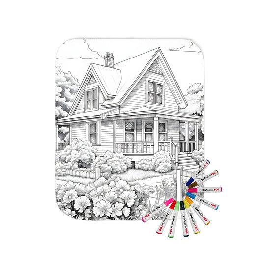 A cozy blanket with a detailed line drawing of a charming cottage-style house with surrounding garden, trees, and clouds