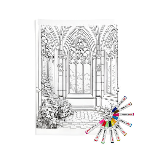 Indoor wall tapestries with intricately detailed gothic castle interior design, featuring large arched windows and floral decoration for a cozy home decor