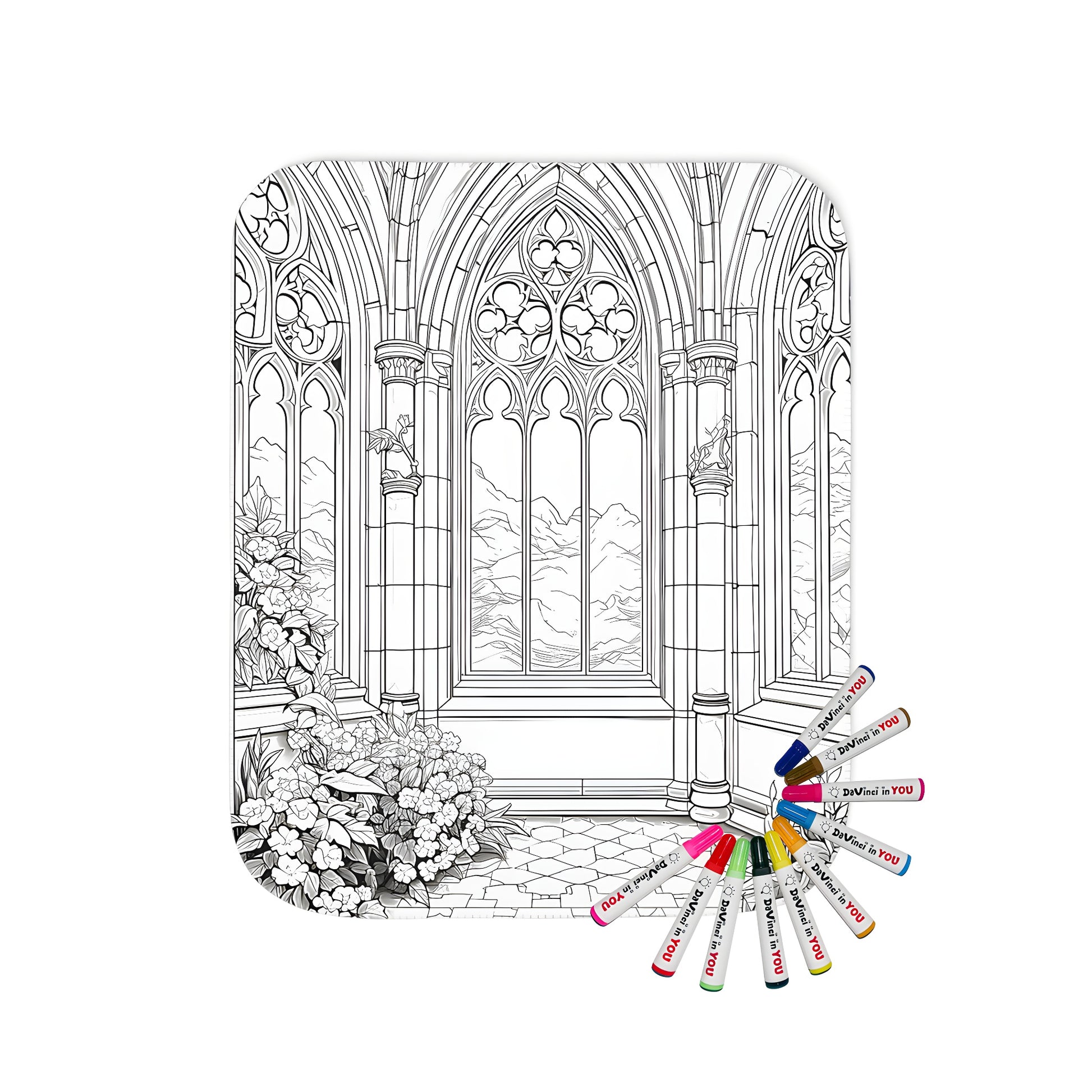 Blanket with intricate gothic castle interior design featuring large arched windows and floral decoration