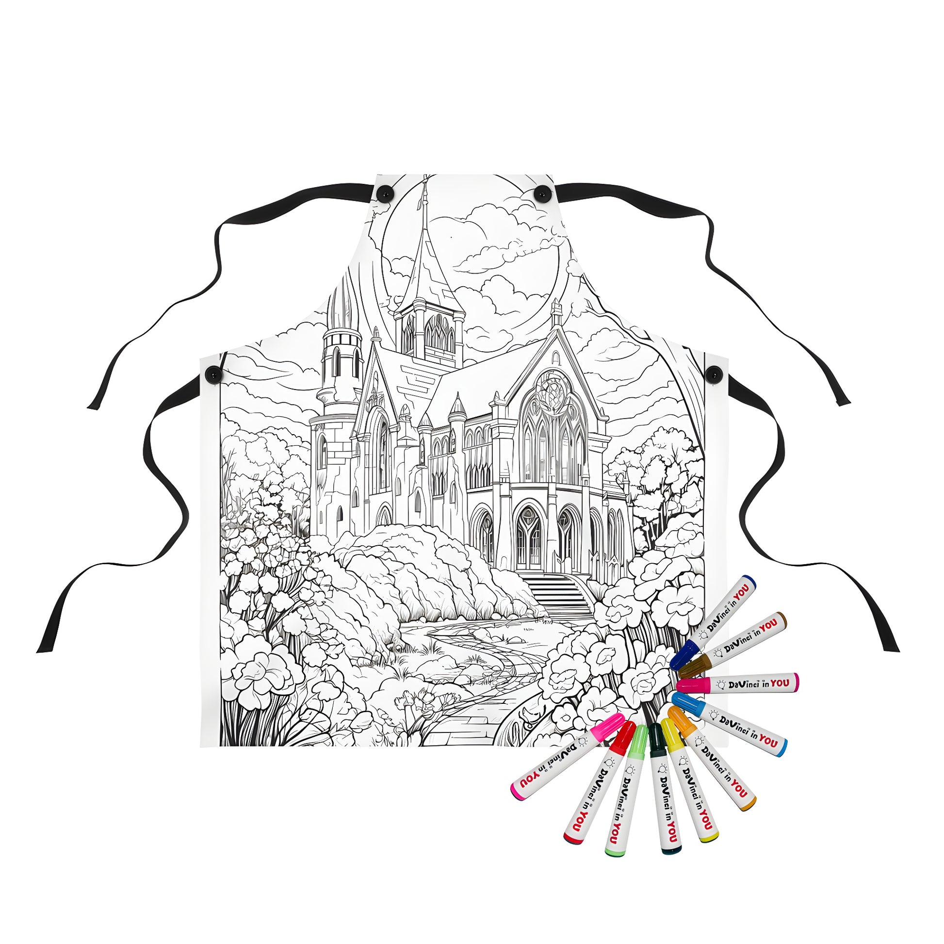 Apron with gothic cathedral design and scenic landscape