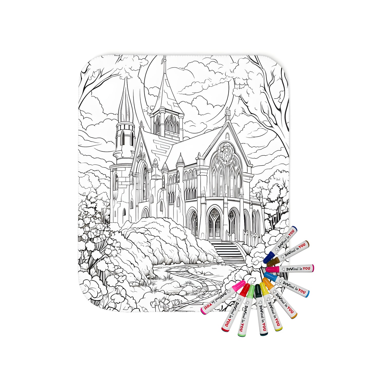 Cozy blanket featuring a detailed gothic church design, intricate architecture, and serene landscape with trees and flowers