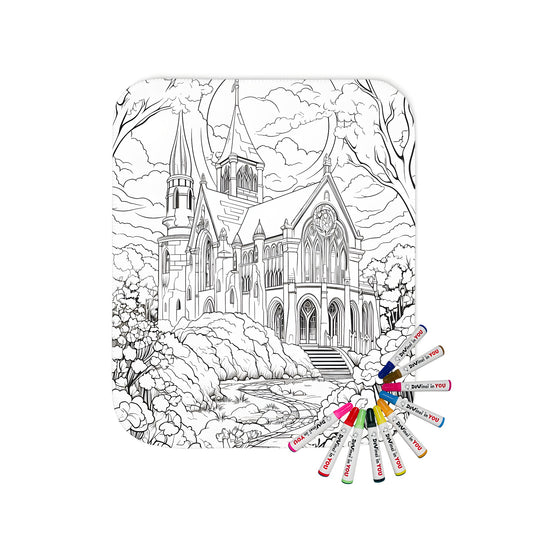 Cozy blanket featuring a detailed gothic church design, intricate architecture, and serene landscape with trees and flowers