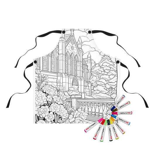 Colorful apron featuring an illustration of a medieval cathedral, adorned with flowers, trees, and a cloudy sky, perfect for artists and goth enthusiasts.