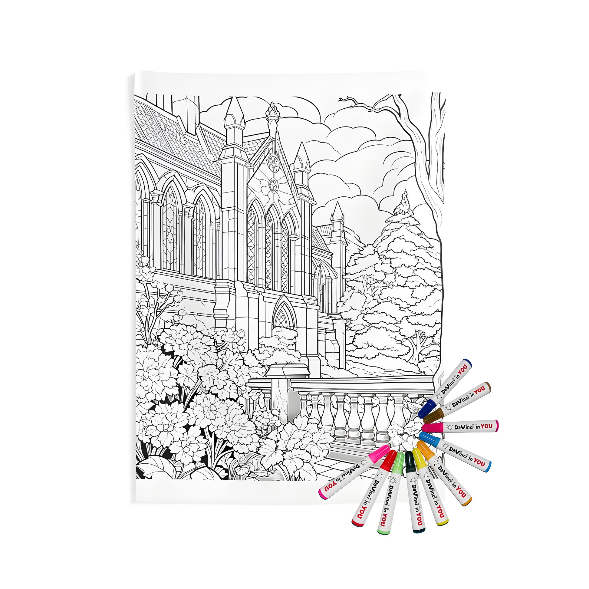 Wall tapestry design featuring a detailed illustration of a Gothic cathedral surrounded by flowers, trees, and a cloudy sky