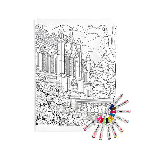 Wall tapestry design featuring a detailed illustration of a Gothic cathedral surrounded by flowers, trees, and a cloudy sky