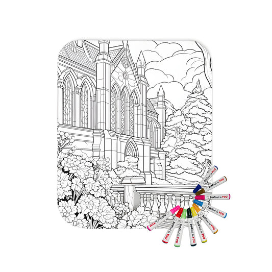 Gothic architecture inspired blanket for adults, detailed cathedral illustration throw blanket with flowers, trees, and a cloudy sky pattern, perfect for home decor or gift