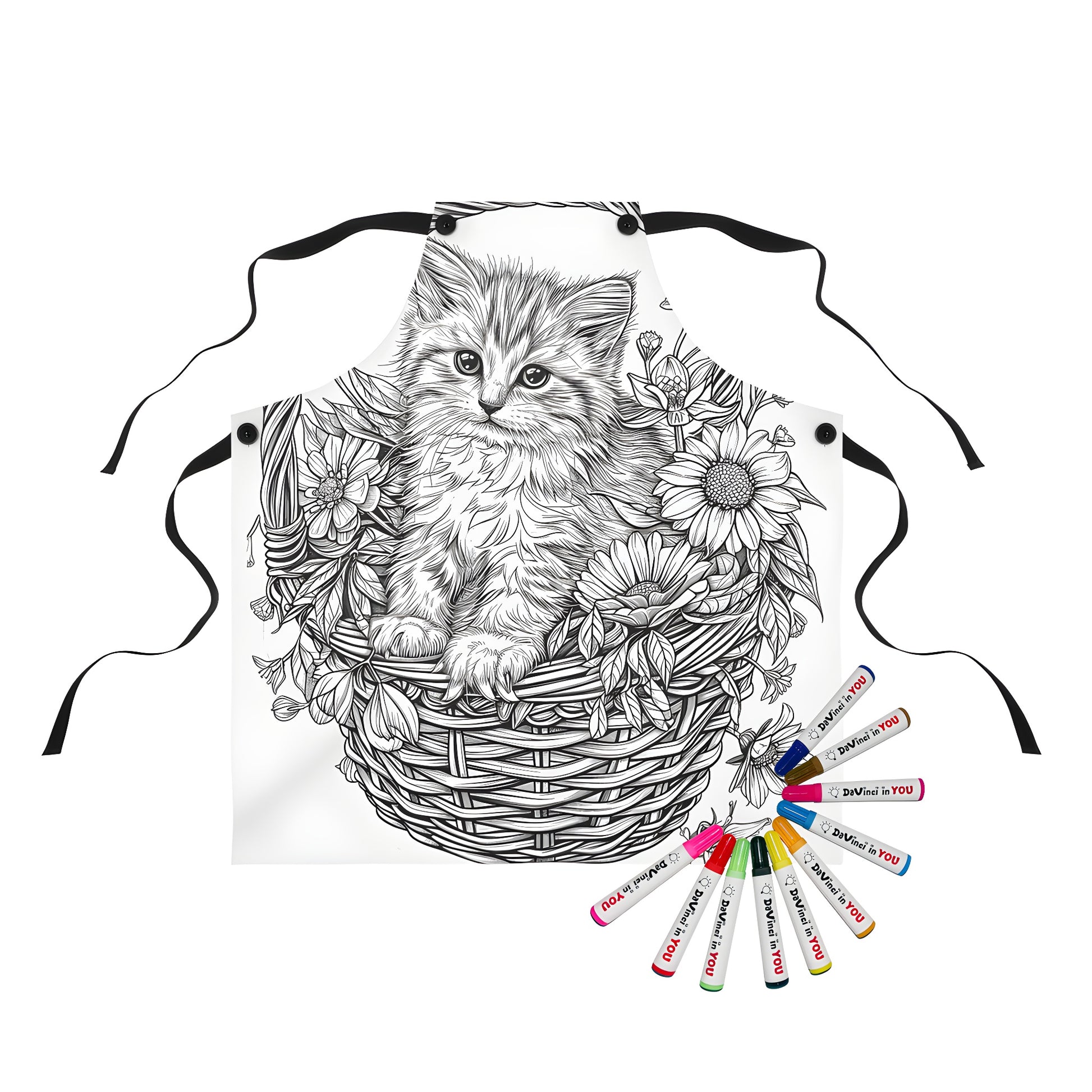 Whimsical kitten in a wicker basket apron design