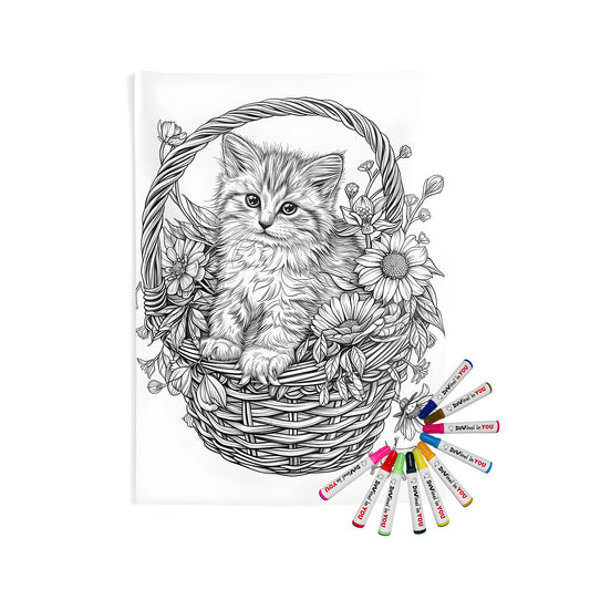 Cute kitten sitting in a colorful woven basket on a beautiful indoor wall tapestry