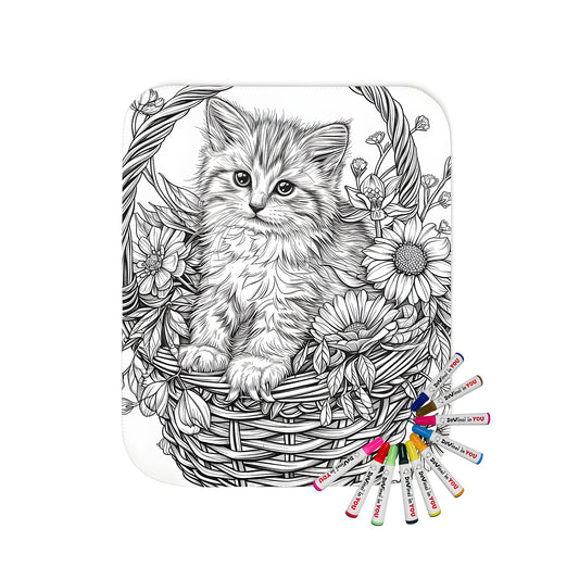 Blanket with cute cat and wicker hamper design