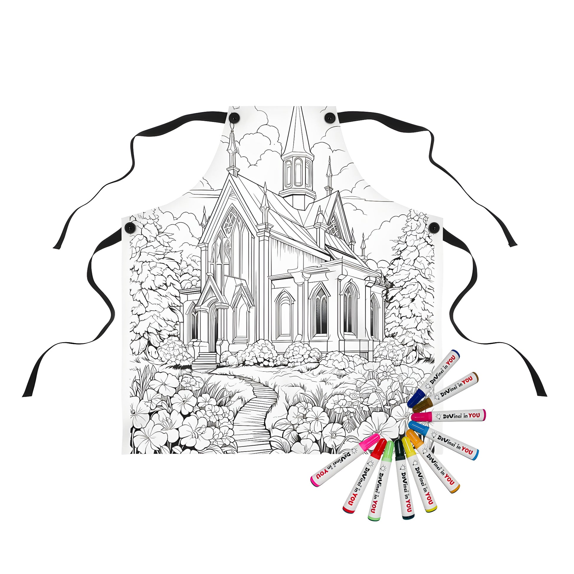 Apron featuring a detailed line drawing of a gothic cathedral with steeple, surrounded by flowers, trees and garden pathway