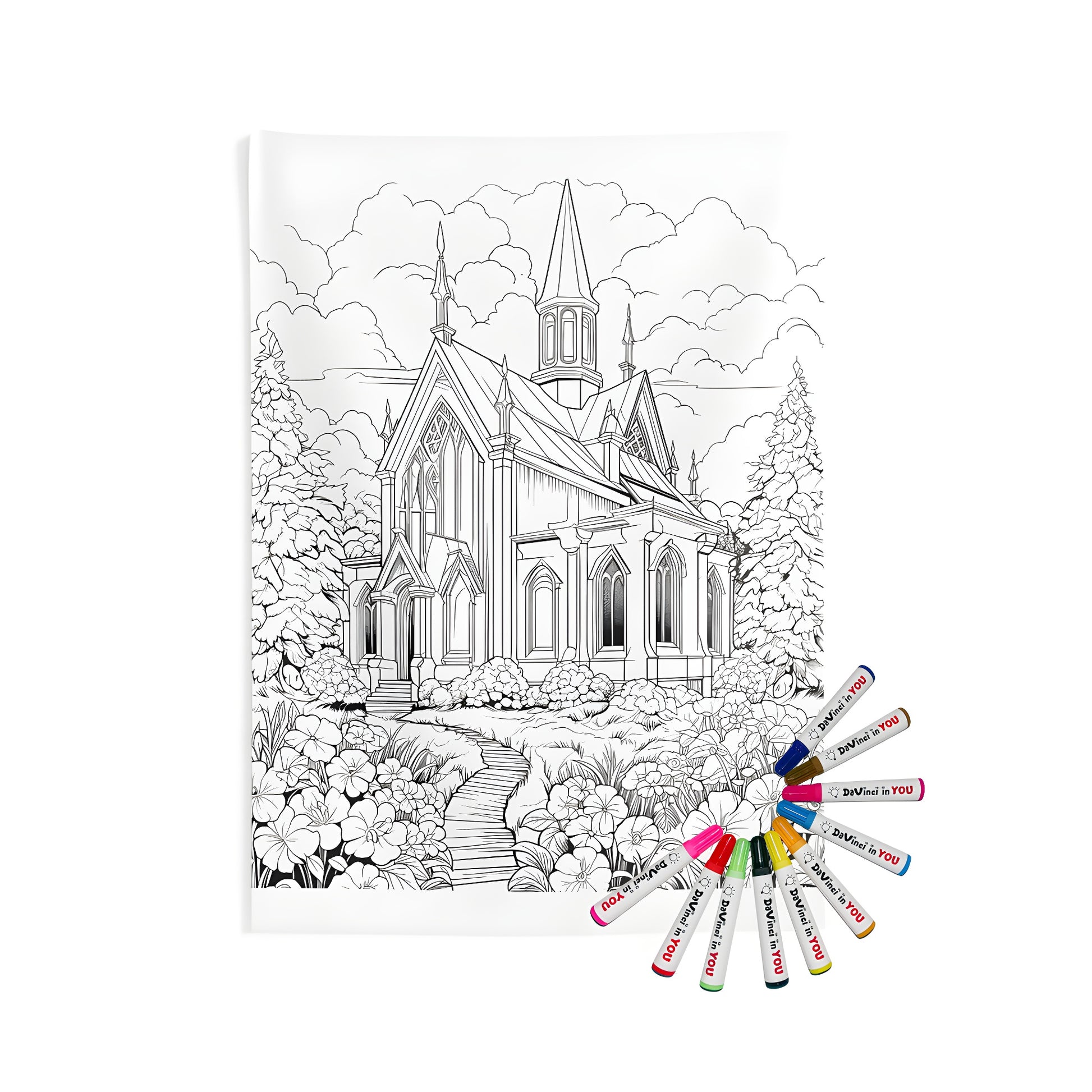 Gothic church tapestry indoor wall hanging art print with flowers, trees, and garden pathway - 10 fabric marker coloring kit