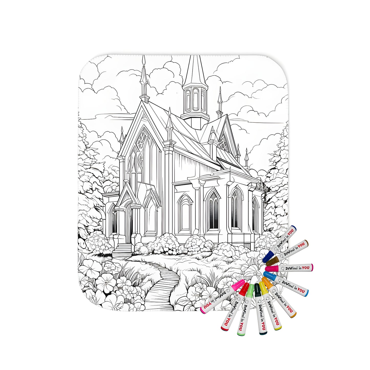 Blanket with Gothic church design, featuring a detailed line drawing of a steeple surrounded by flowers and trees, perfect for adult coloring book enthusiasts