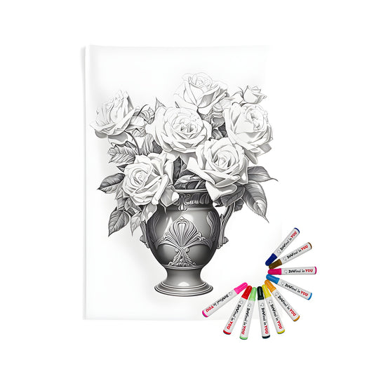 A detailed black and white illustration of blooming flowers arranged in a decorative vase. The flowers and leaves are intricately drawn.