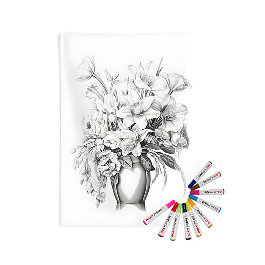 Colorful flower arrangement tapestry with a bouquet of blooms on an indoor wall hanging