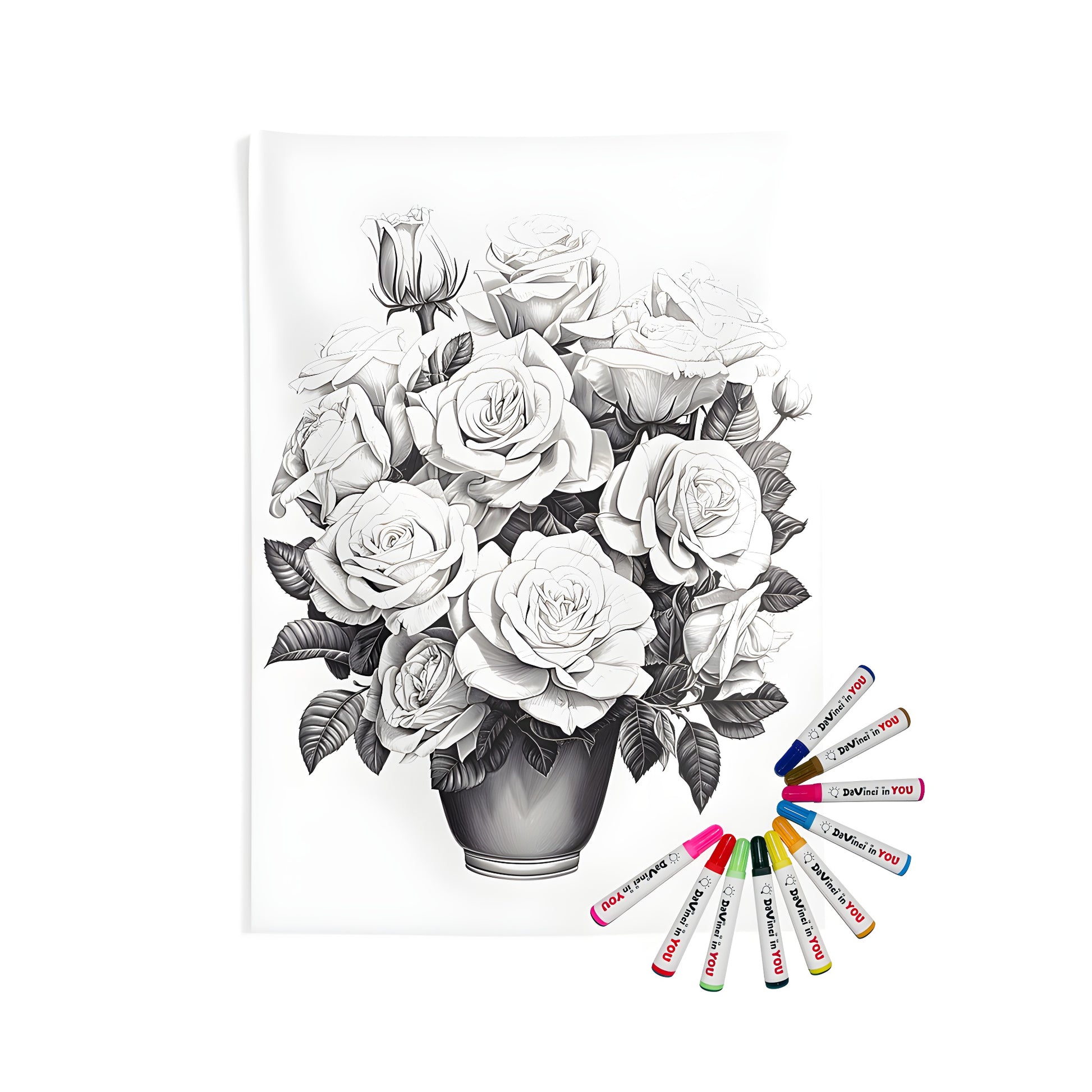 Colorful bouquet of blooming flowers in a decorative vase, featuring intricate petals and leaves, on a beautiful Indoor Wall Tapestries - A detailed black and white illustration of a floral arrangement