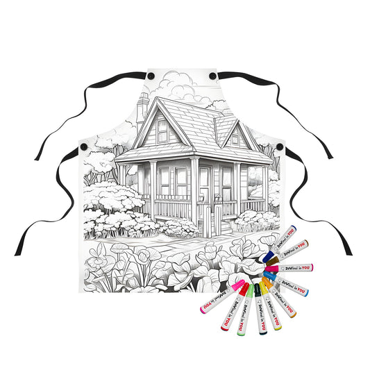 Cozy cottage home decor apron for adults, featuring a whimsical black and white line drawing of a charming garden scene with flowers, trees, and a picturesque cottage house design.