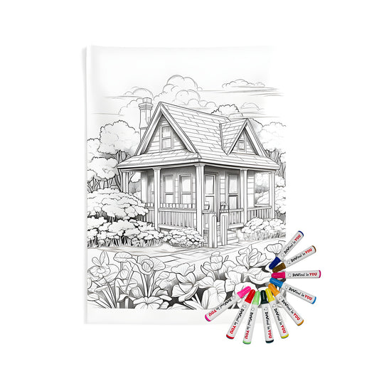 Cozy cottage home wall tapestry for sale, featuring a black and white line drawing of a charming country house with garden and trees