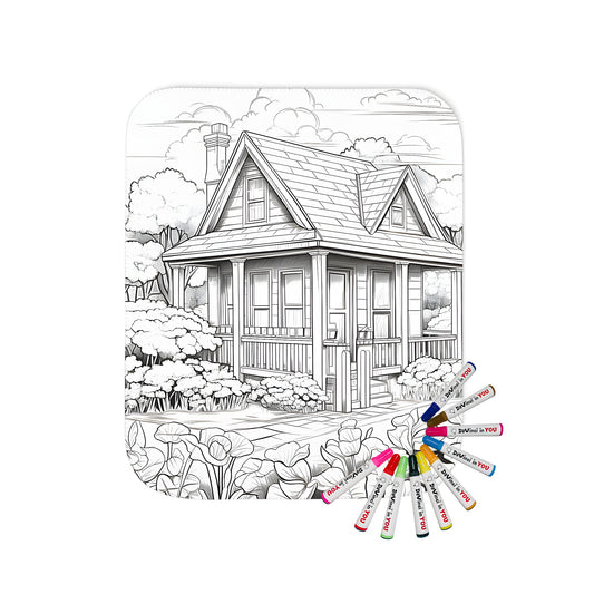 Cozy cottage blanket with garden and tree design, featuring black and white line drawings