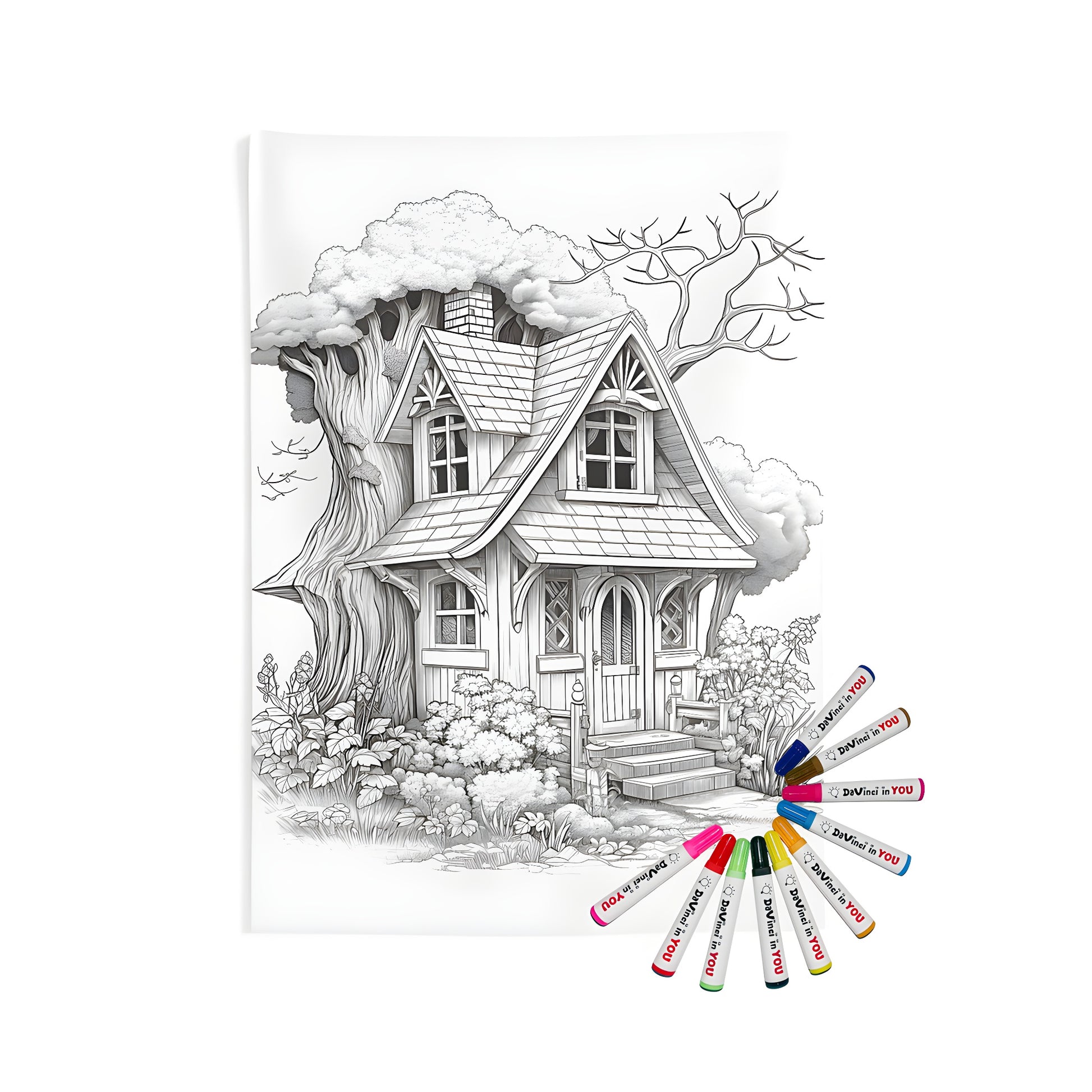 Colorful Treehouse-inspired Indoor Wall Tapestry with Fabric Markers