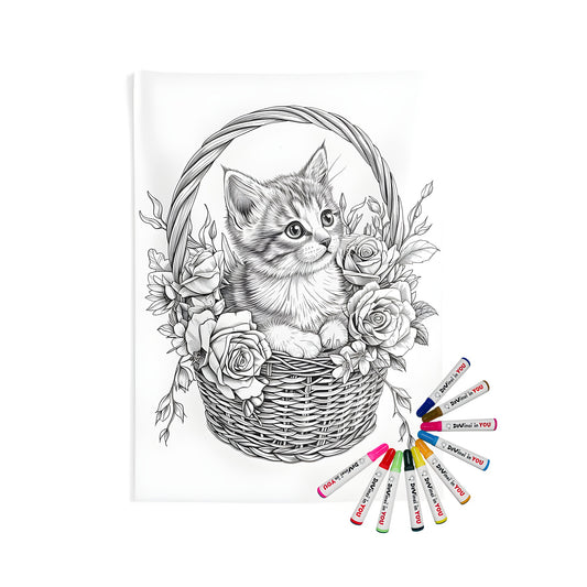 Indoor wall tapestries for sale - detailed black and white kitten illustration coloring page print with fabric markers