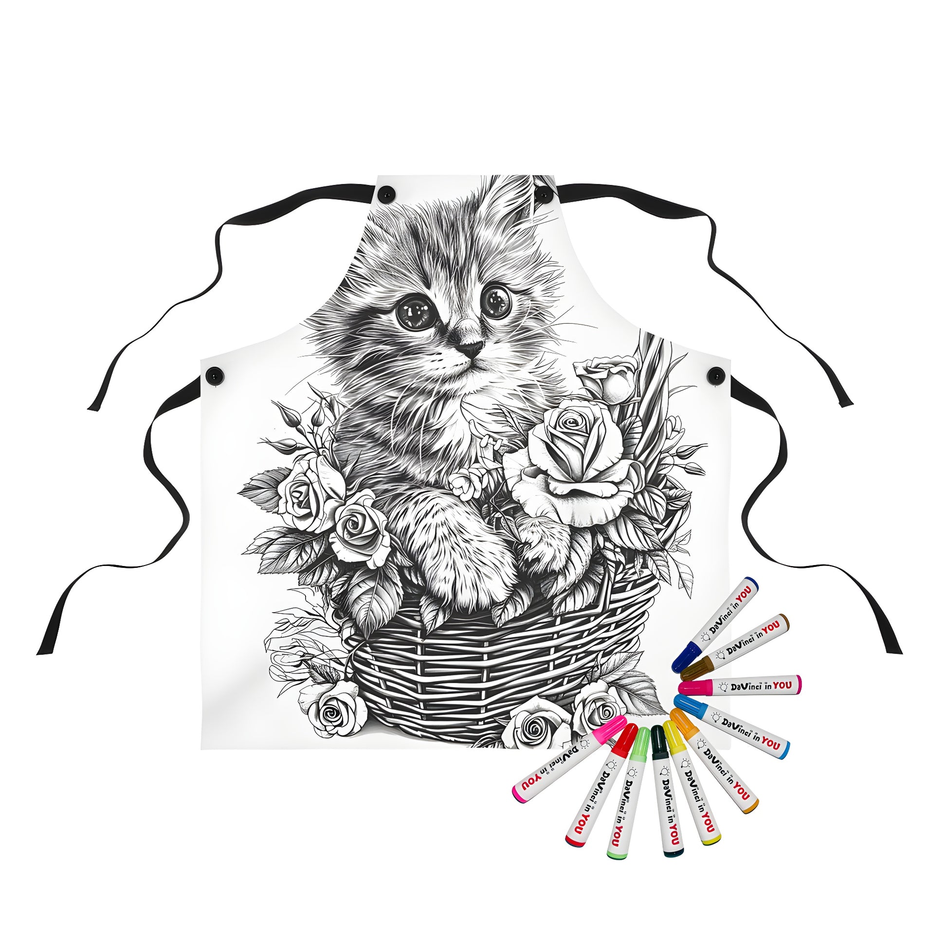 Apron with cute kitten in wicker basket design, perfect for coloring book enthusiasts