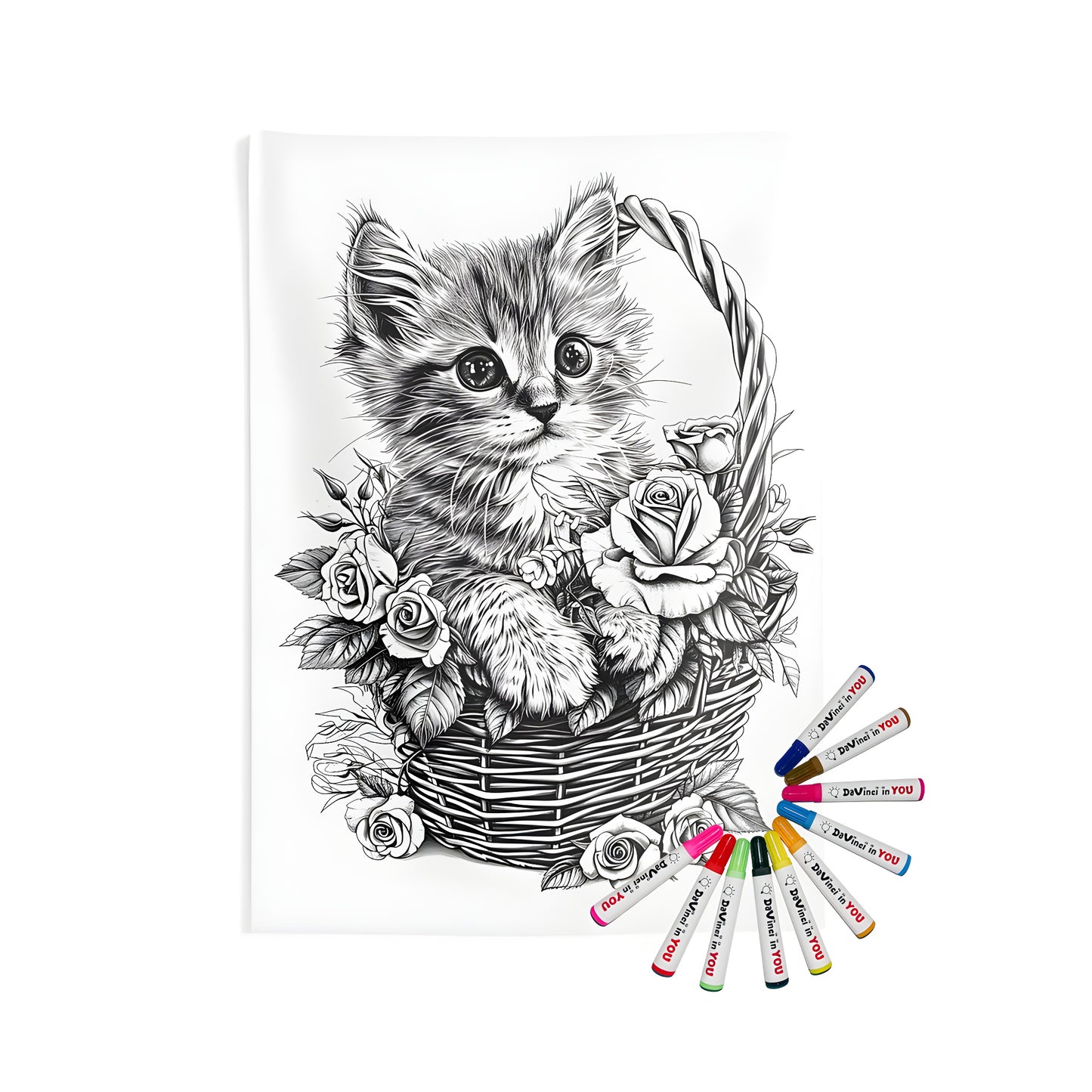 Coloring kit for indoor wall tapestries featuring a detailed drawing of a fluffy kitten sitting in a wicker basket surrounded by roses, great for adult coloring books and creative expression.