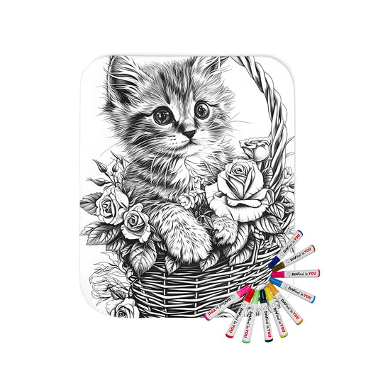 A cozy blanket featuring a whimsical design of a cute kitten sitting in a basket surrounded by roses