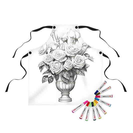 Coloring apron featuring a beautiful floral design, bouquet of flowers, blooming roses, decorative vase, and intricate leaves. Perfect for artistic expression and self-care.