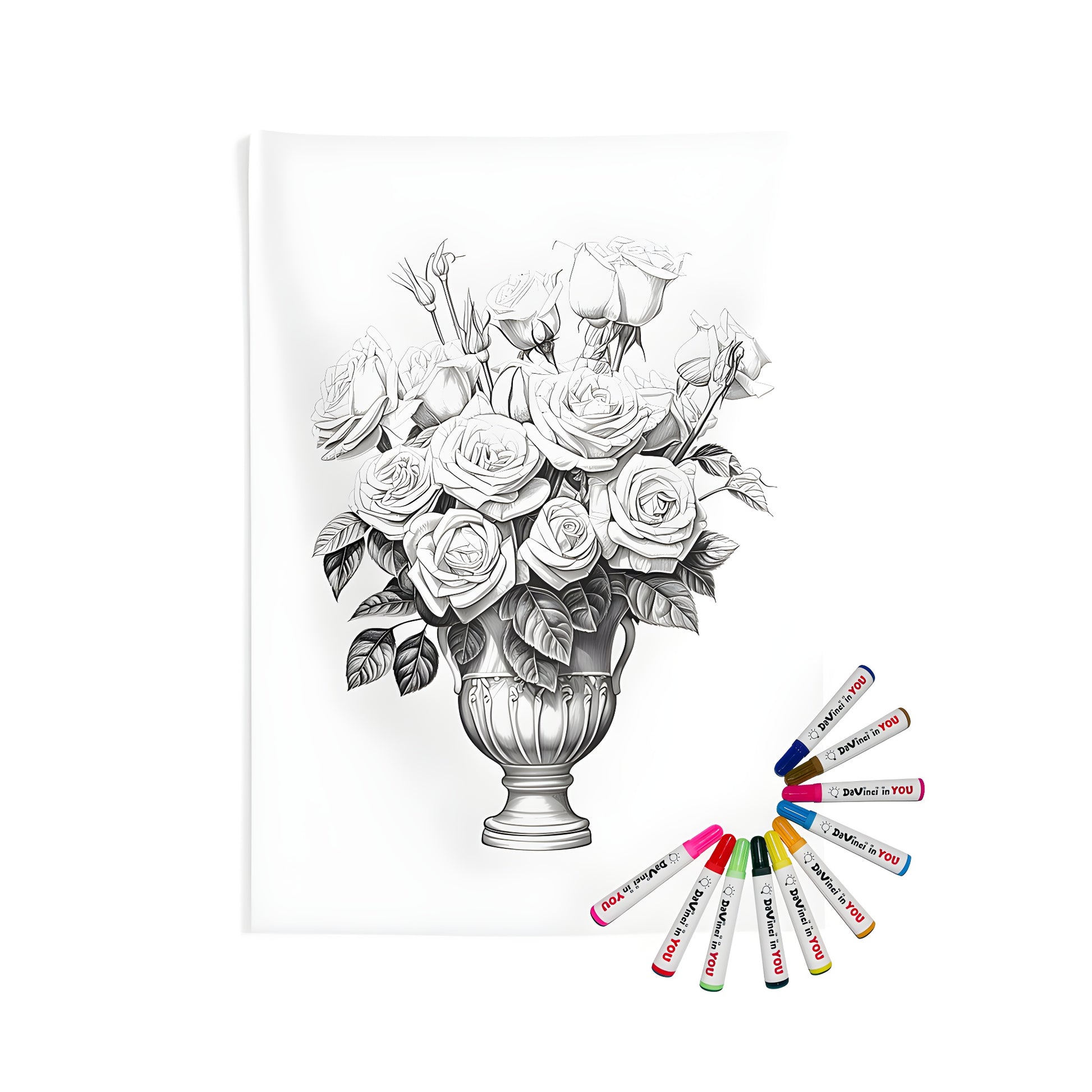 Blooming flower bouquet wall tapestry with decorative vase and intricate leaves