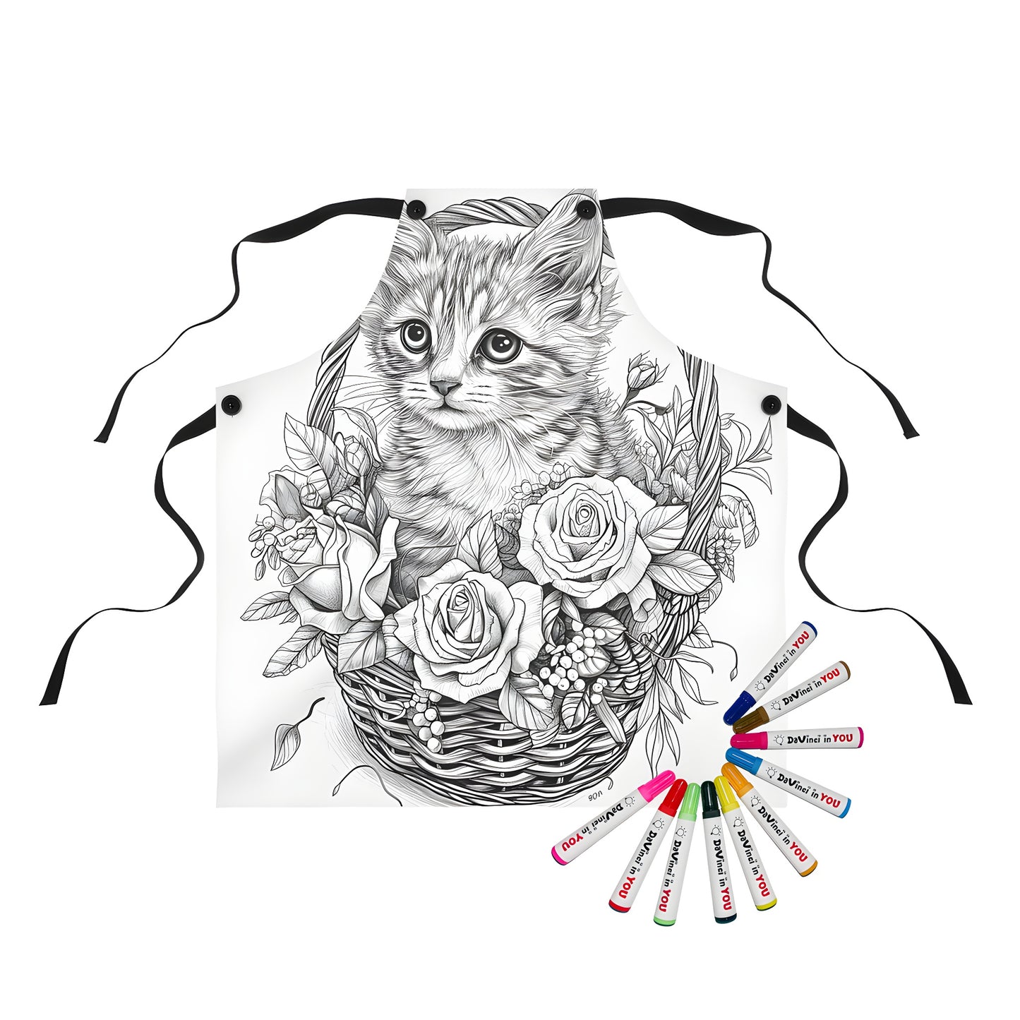 Coloring apron with cute kitten and flower basket design