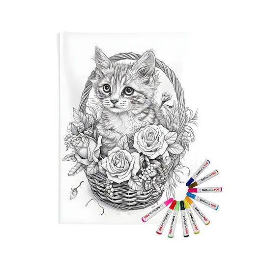 Indoor wall tapestries featuring a kitten sitting in a flower basket, perfect for home decor