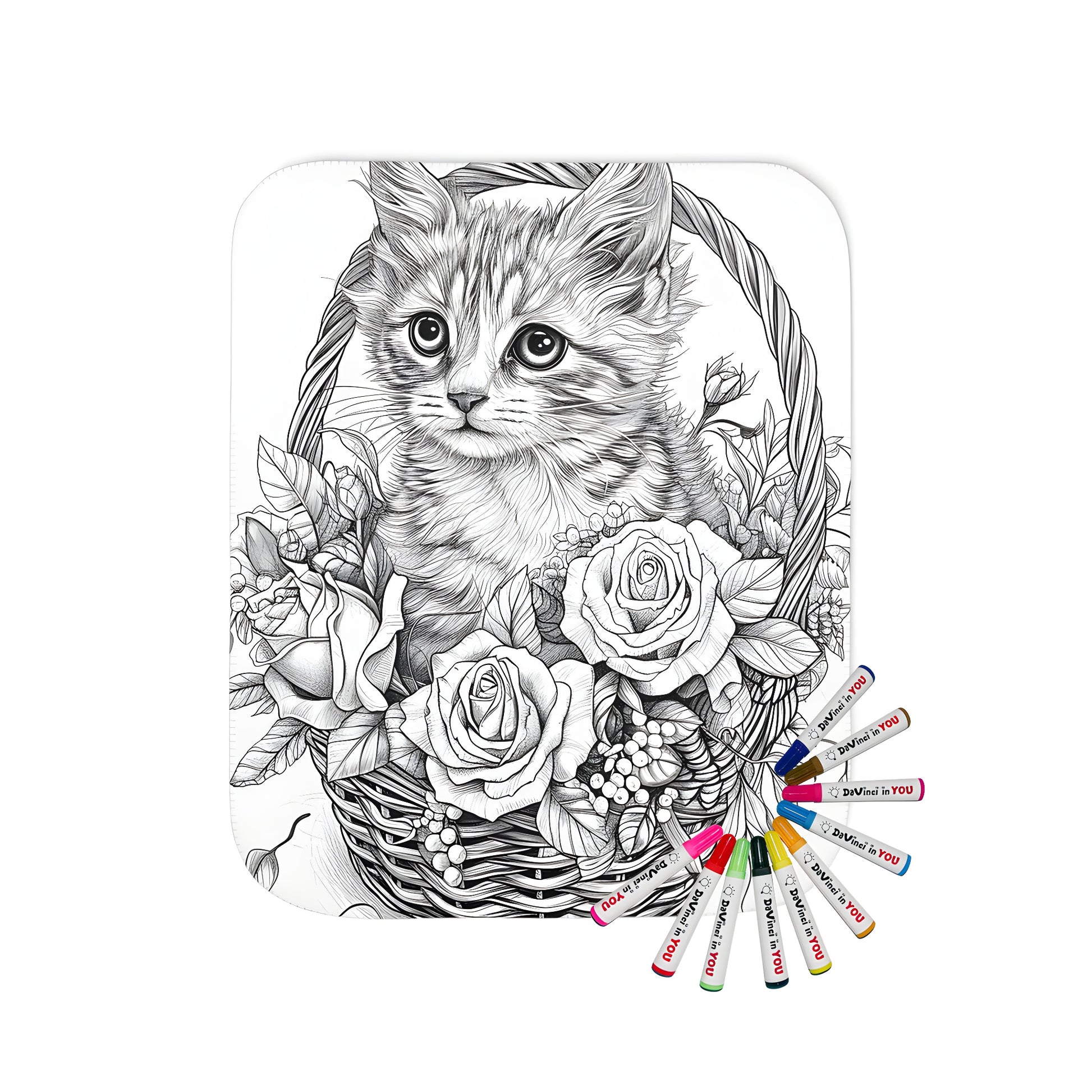 Coloring blanket featuring cute kitten sitting in a flower basket, beautiful bouquet of roses and foliage