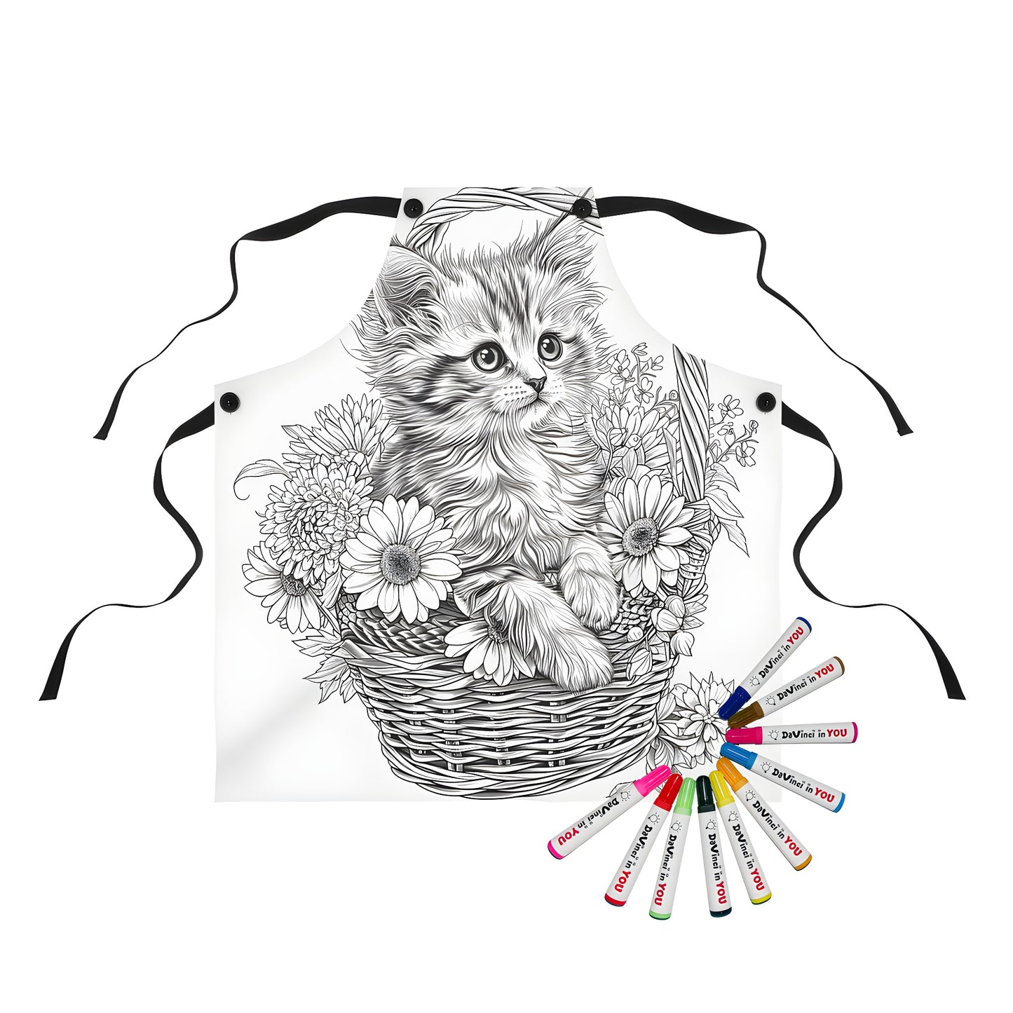 Coloring kit apron featuring a kitten sitting in a basket surrounded by flowers for adult colouring enthusiasts