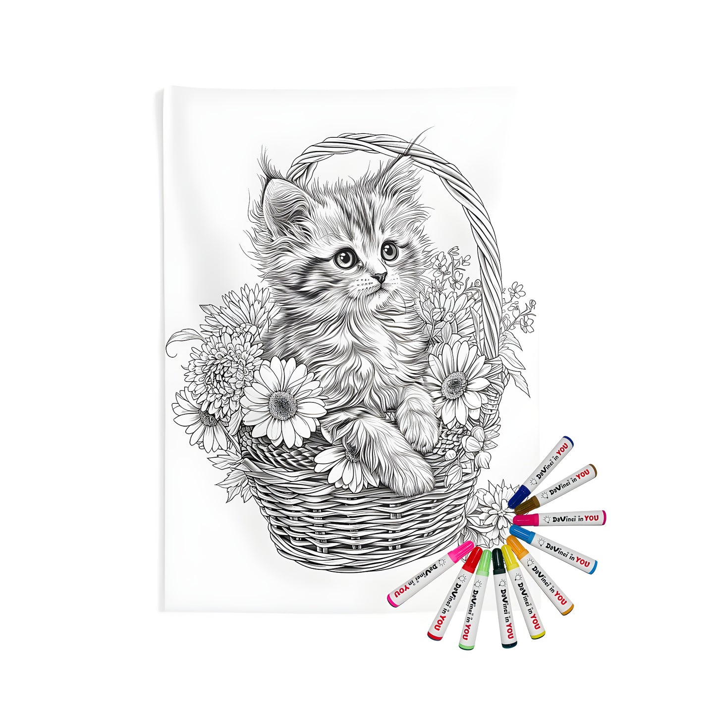 Indoor wall tapestries for adults, a colorful kitten sitting in a basket surrounded by flowers like daisies, perfect for bedroom decor and a fun gift idea