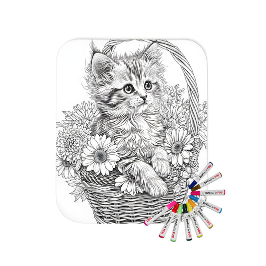 Blanket with a cute kitten sitting in a wicker basket surrounded by colorful flowers for adult coloring enthusiasts