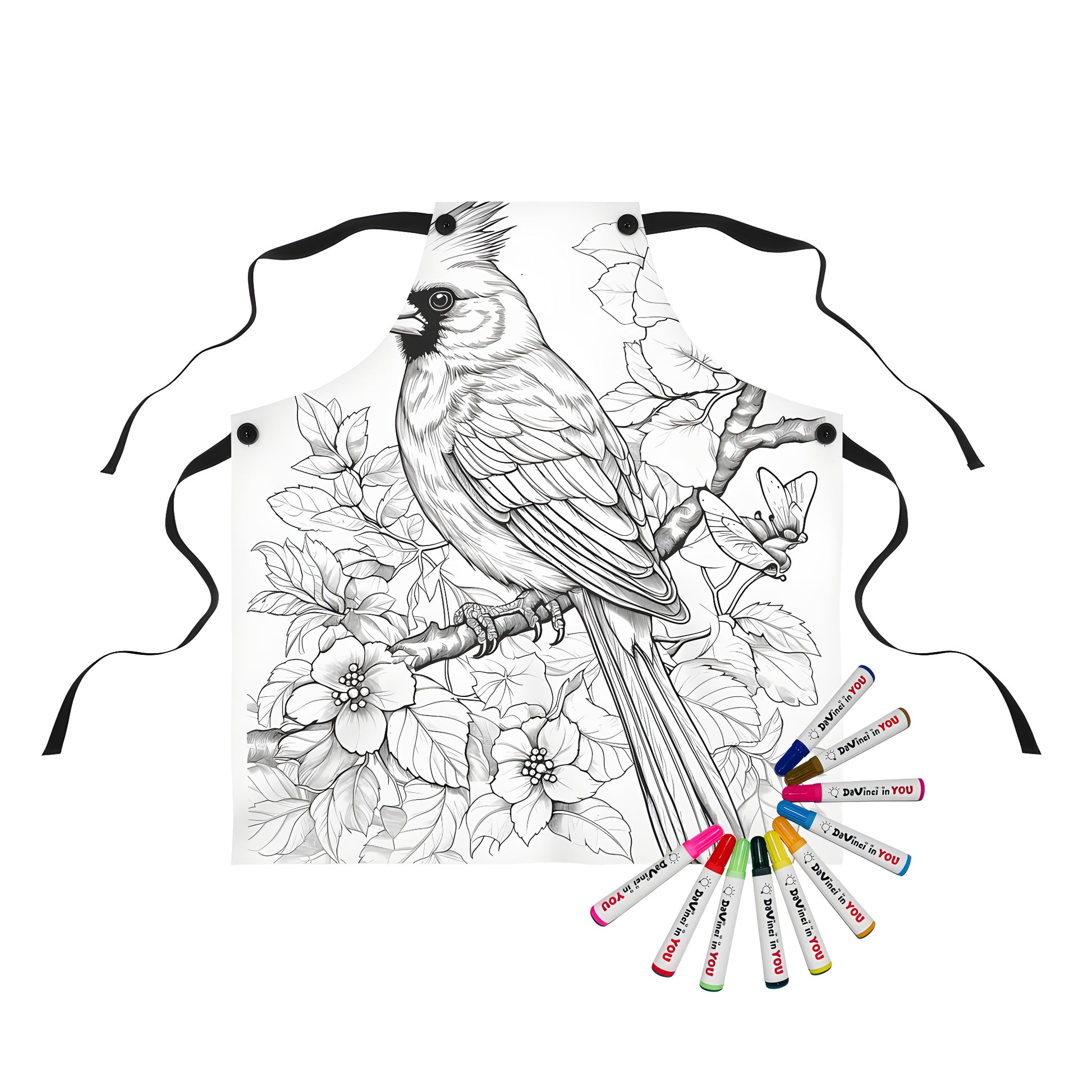 Apron design with cardinal bird illustration, featuring a detailed outline of a robin-like bird perched on a branch surrounded by flowers, leaves, and butterflies.