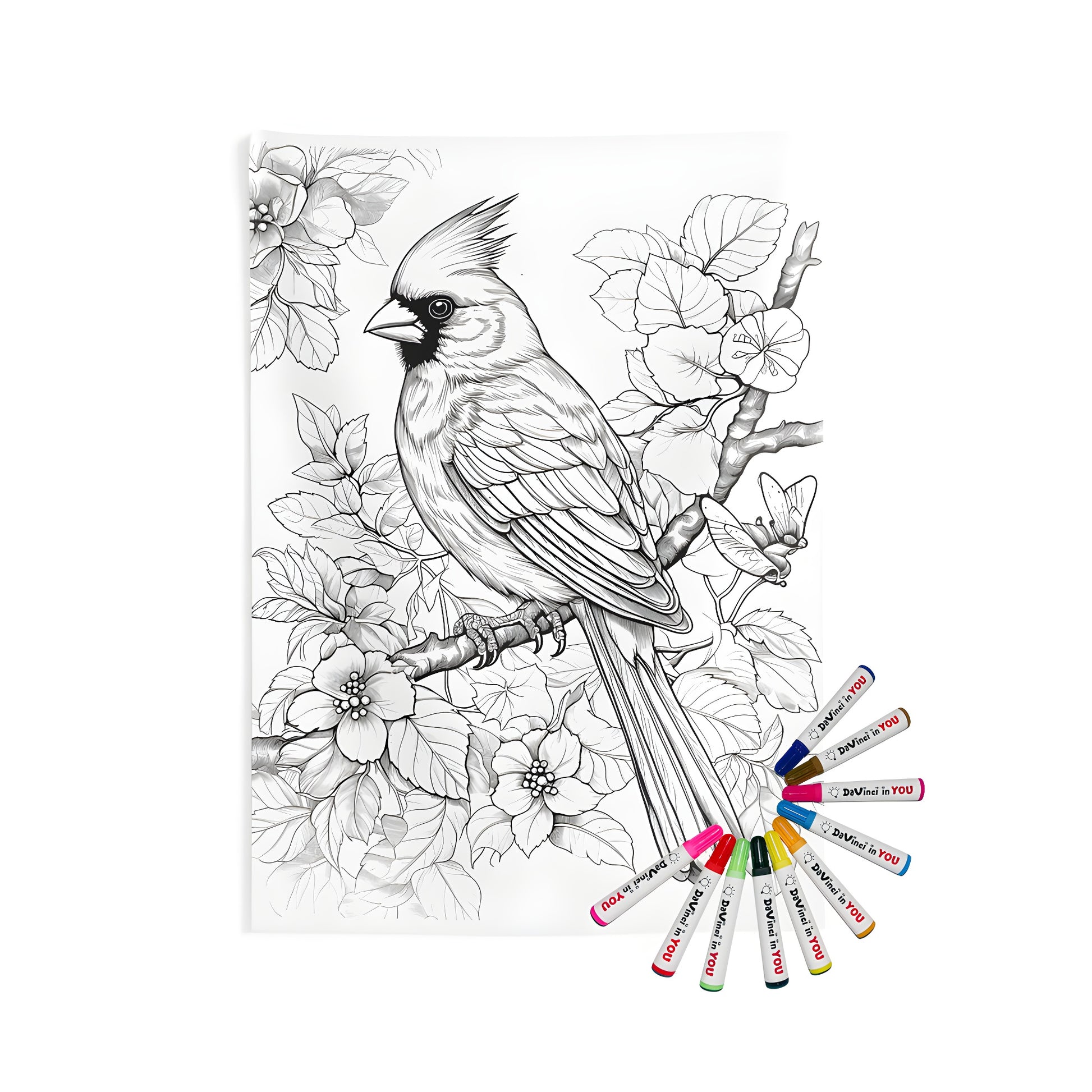 Coloring kit for adult coloring enthusiasts featuring an Indoor Wall Tapestry with detailed outline of a cardinal bird on branch surrounded by flowers, leaves and butterflies