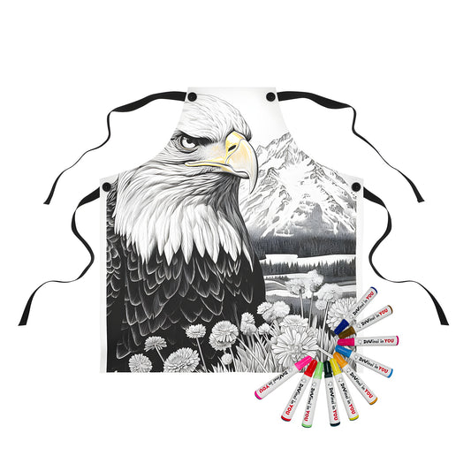 American Eagle Colorful Apron with Markers, Fun Adult Coloring Page Design, Unique Artistic Style