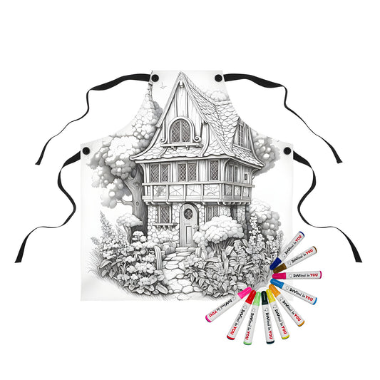 Apron with charming cottage scene illustration, perfect for coloring enthusiasts