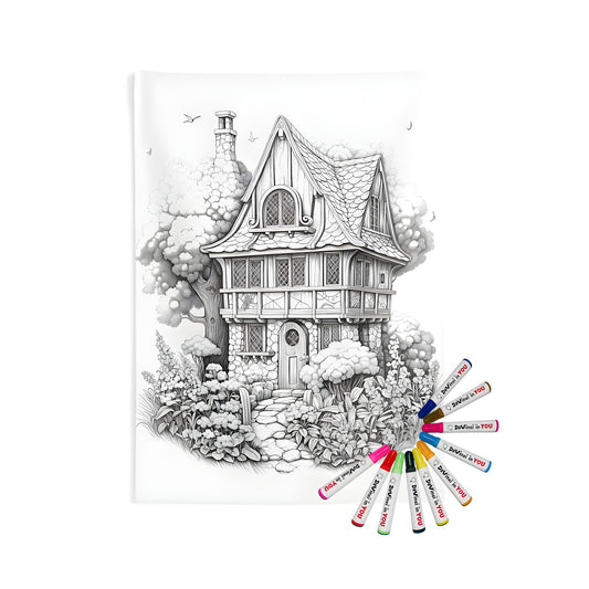 Cozy cottage-themed indoor wall tapestries with coloring kit and fabric markers