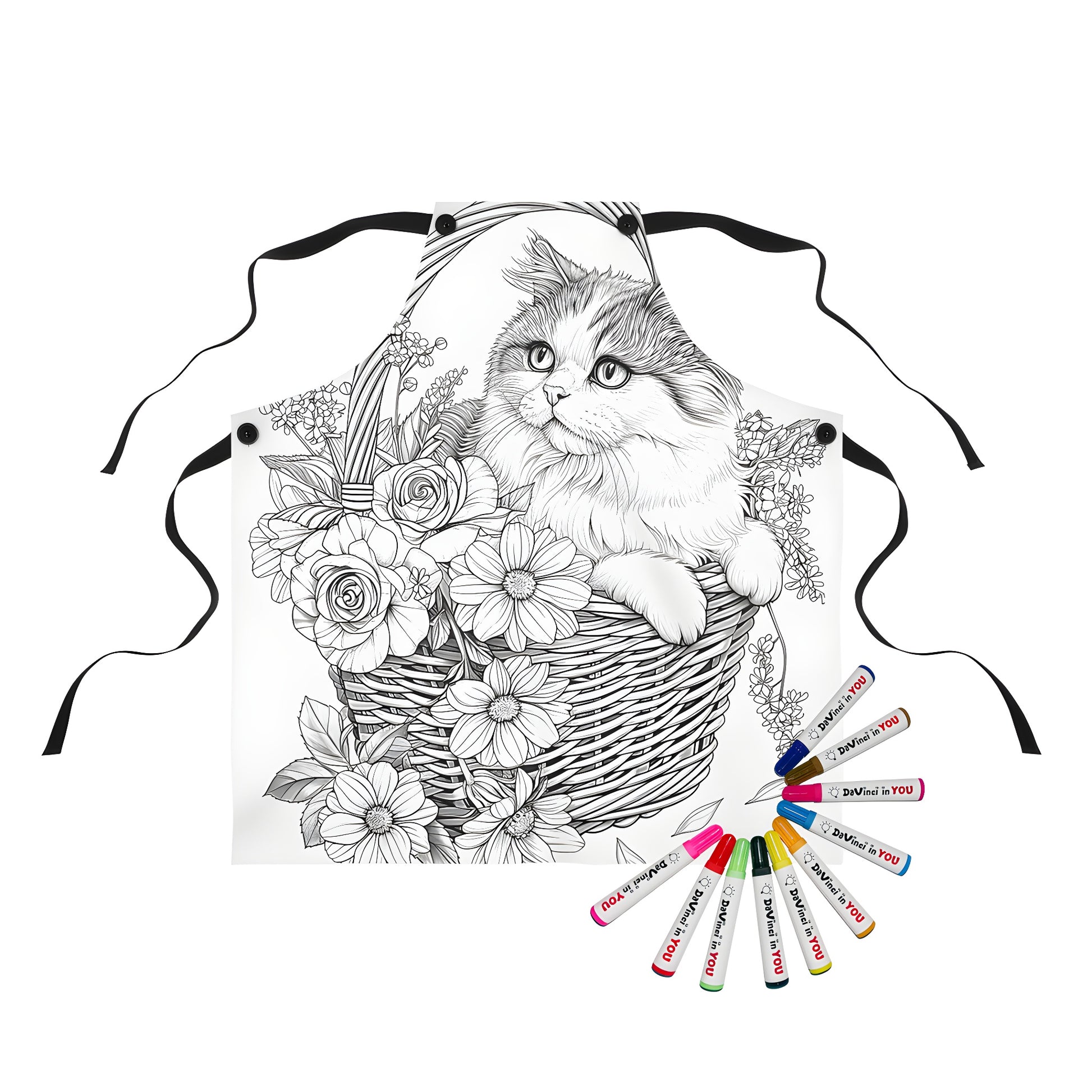 Apron featuring whimsical cat in a flower-filled basket design