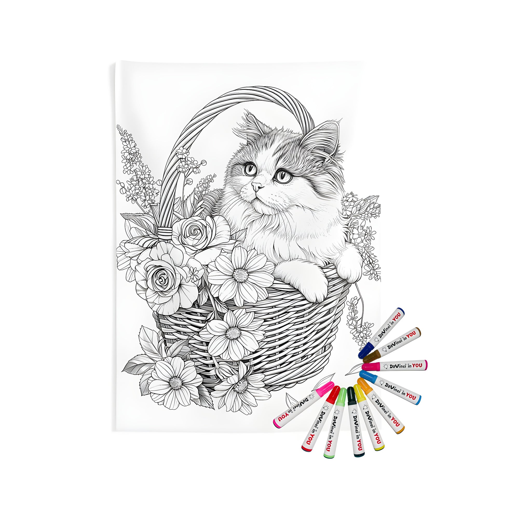 Indoor wall tapestry depicting a cat resting in a wicker basket surrounded by flowers, featuring roses and daisies