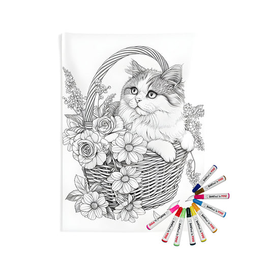 Indoor wall tapestry depicting a cat resting in a wicker basket surrounded by flowers, featuring roses and daisies