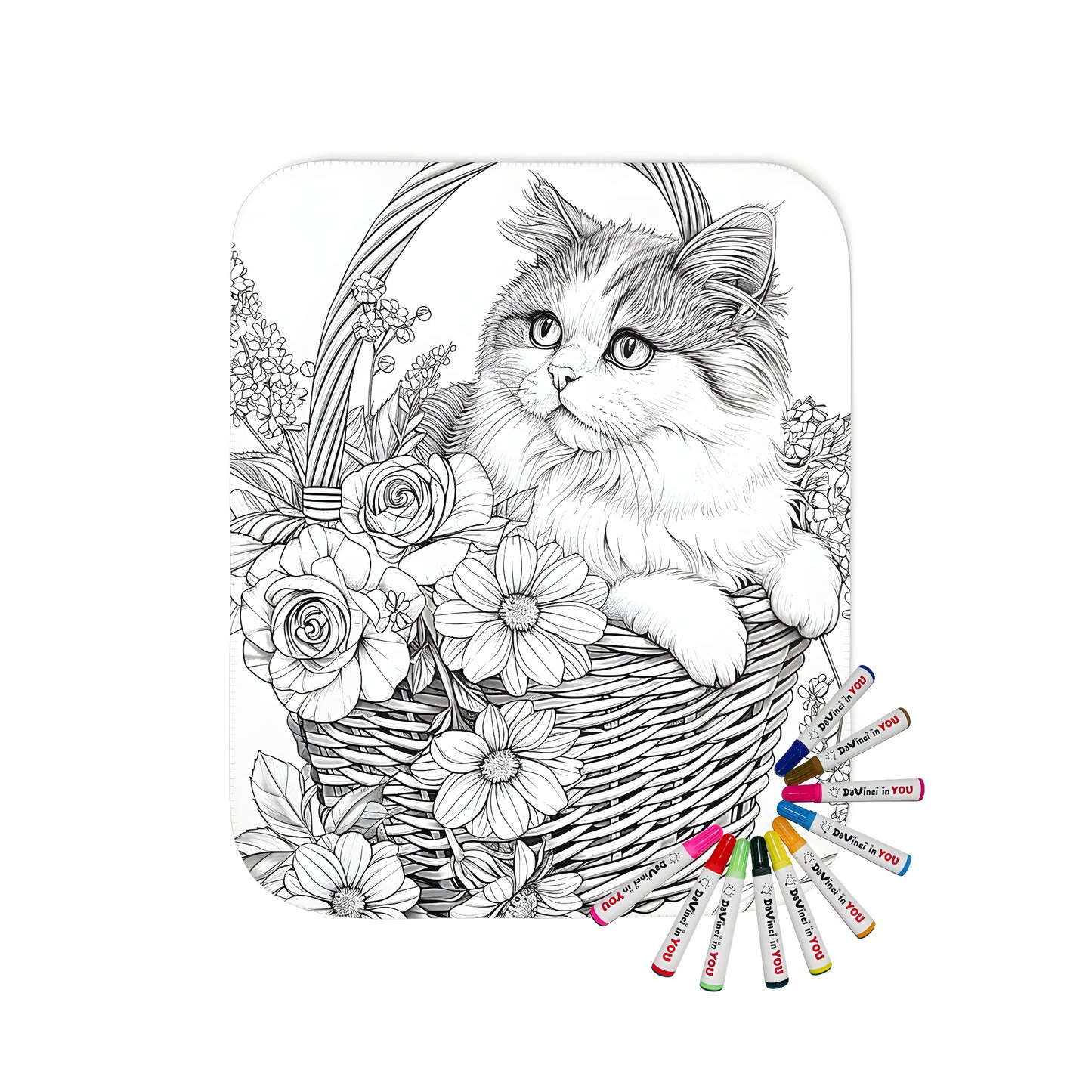 A cozy blanket with a whimsical cat reclining in a flower-filled basket