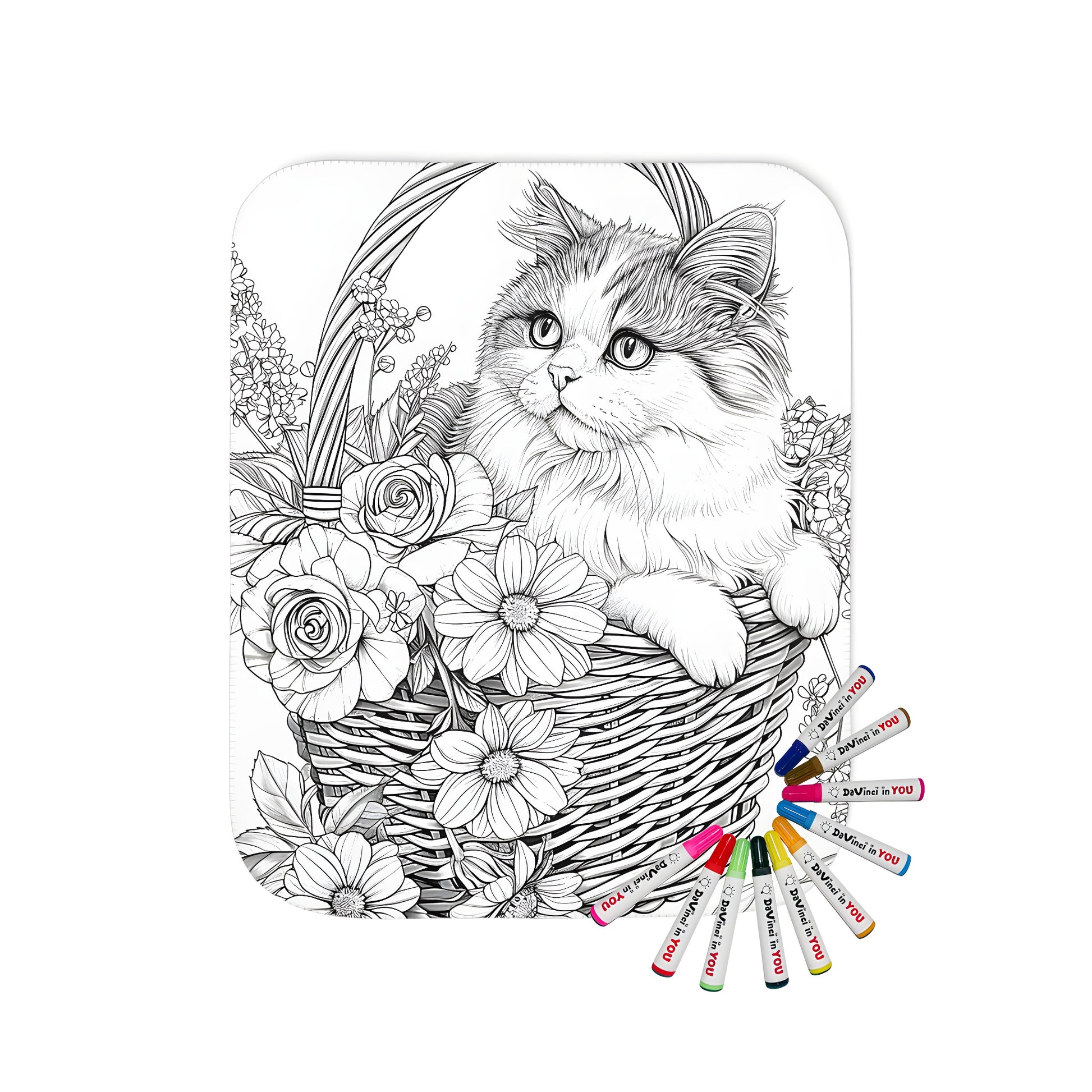 A cozy blanket with a whimsical cat reclining in a flower-filled basket